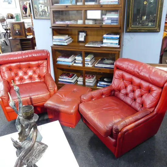 PR GIMSON SLATER RED LEATHER BUTTON BACK CHAIRS + OTTOMAN