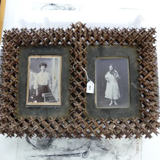 ANTIQUE TRAMP ART FRAME w. 2 B/W PHOTOS 360x510mm overall - some losses