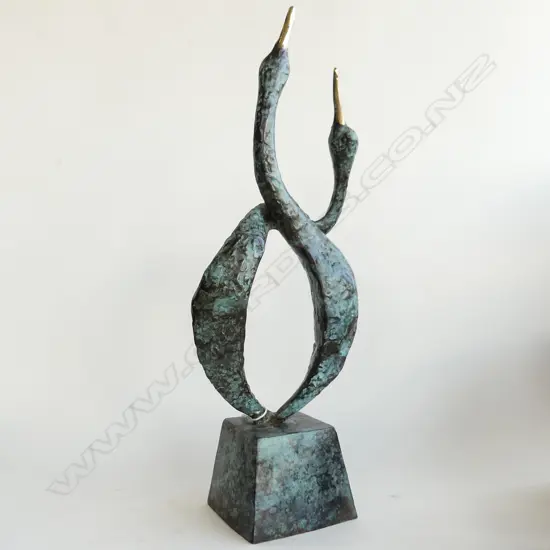2 BRASS ABSTRACT ENTWINED DUCKS ON STAND H. 480MM