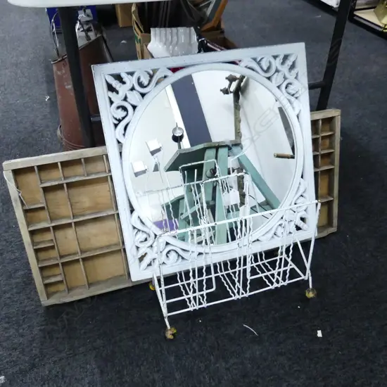 VINTAGE WOODEN PRINTERS TRAY 820x360mm + WHITE MIRROR 495x495mm + VINTAGE WIRE MAGAZINE RACK