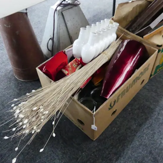 BOX LOT ASST. VASES, GLASSES ETC