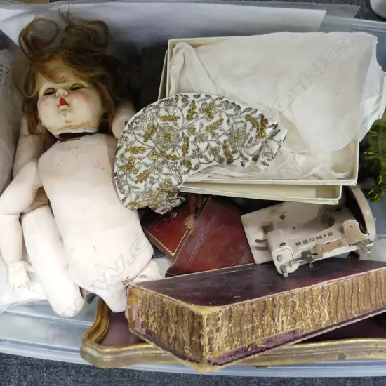 BOX LOT VINTAGE LINENS, GLOVES, DOLL, MINI SEWING MACHINES, CAMERA ETC