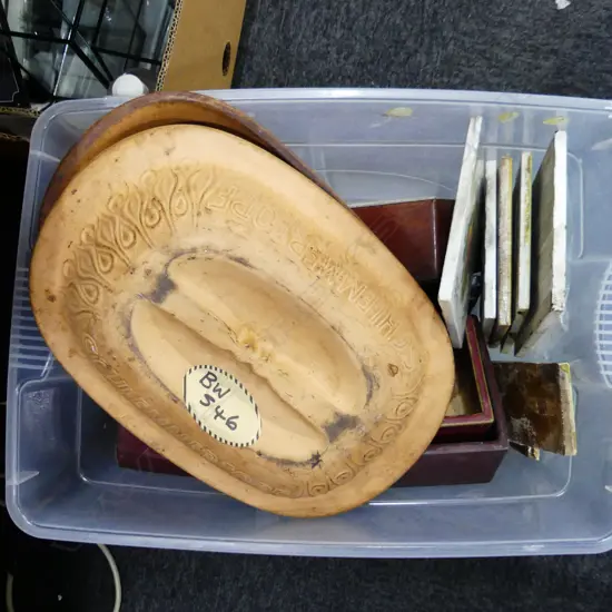 BOX LOT ASST. GLAZED CERAMIC BONSAI / CACTI POTS + SCHLEMMERTOPF CLAY POT + ANTIQUE TILES 