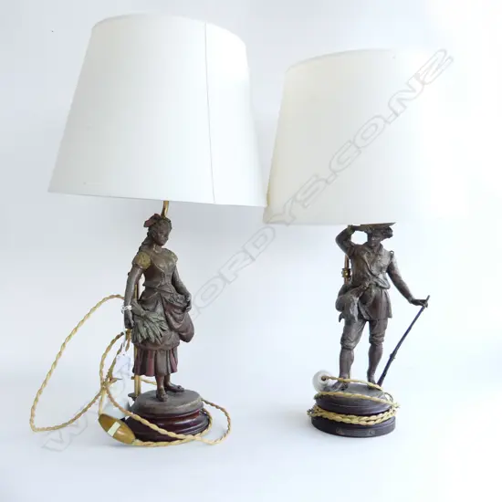 PR METAL FIGURAL VINTAGE TABLE LAMPS, LADY w, WHEAT & MAN HUNTING H. 520MM