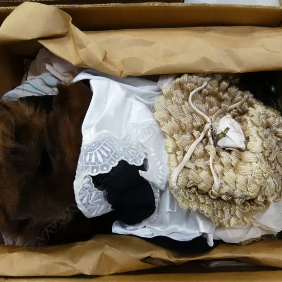 BOX OF VINTAGE CLOTHING HATS FUR COLLAR ETC 1940'S E