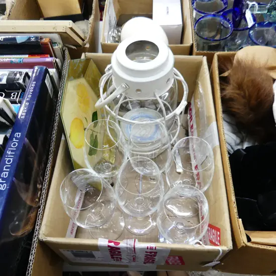 BOX LOT HURRICANE LAMP 6 WINE GLASSES PLATE & 3PCS EP CUTLERY