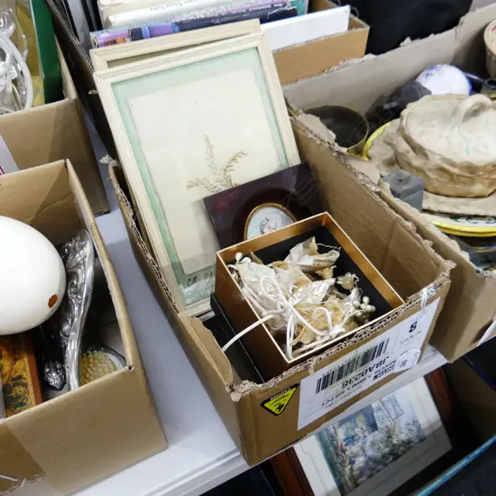 SM BOX MISC INC OLD FRAMED LACE, BOX VINTAGE FAUX PEARL DECORATIONS ETC..