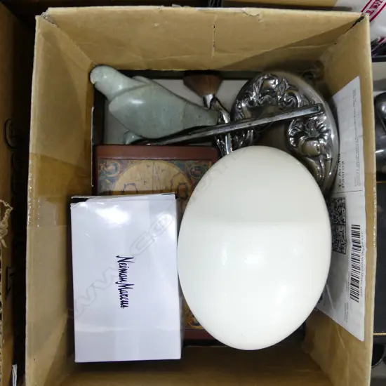 BOX LOT SILVER METAL DRESSING SET, EMU EGG ETC