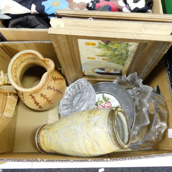 BOX LOT GLASS BOWLS, 2 LG CERAMICS, 2 OILS 