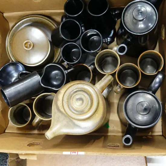 BOX LOT CERAMIC COFFEE SETS; TEMUKA, KNIGHTS TINTAGEL BLACK LUSTRE ETC