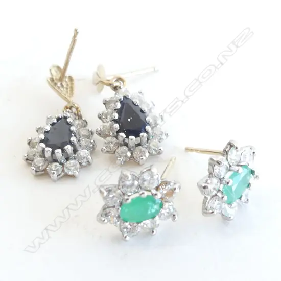 2 PRS 9CT EARRINGS; SAPPHIRE & CZ, EMERALD & CZ