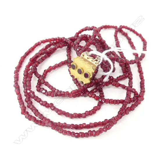 VINTAGE NECKLACE 4 STRAND EARLY RED GLASS BEADS, ROLLED GOLD & GARNET CLASP 