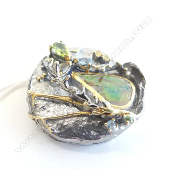 MODERNIST SILVER DESIGNER GEM SET BROOCH w paua panel & gold/gilt highlights. hallmarked