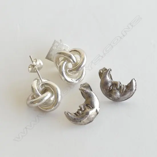2 PR'S SILVER EARRINGS: CRESENT FACE MOONS & KNOTS