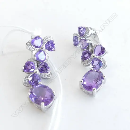 PAIR SILVER EARRINGS WITH AMETHYST STYLE STONES AND CZs