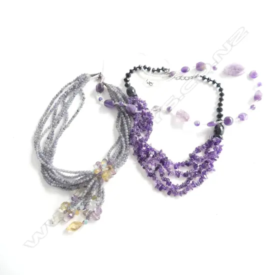 BEAD NECKLACES; AMETHYST CHIP, AMETHYST & 4 STRAND AMETHYST & AGATE
