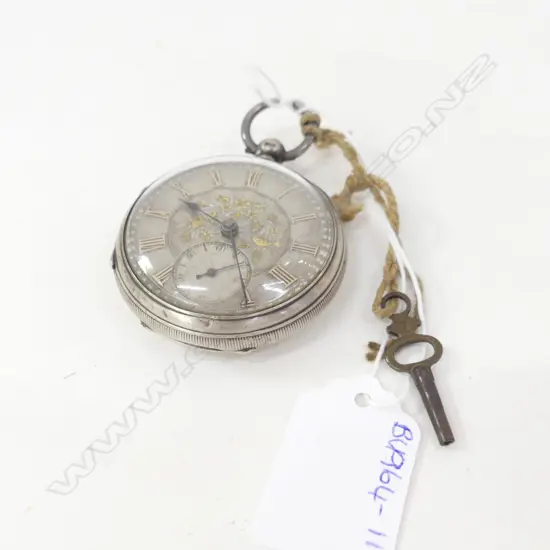 OLD STG SILVER POCKET WATCH WITH GOLD DETAIL ON DIAL WITH KEY - WORKING