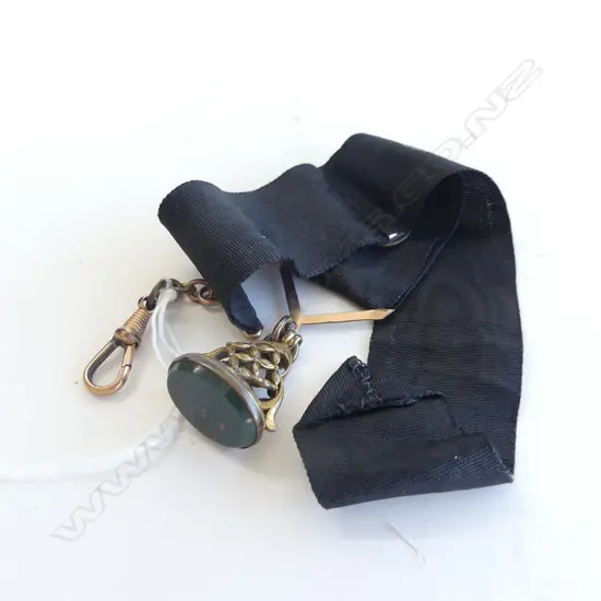 GOLD PLATED FOB w. AGATE & BLACK SILK RIBBON