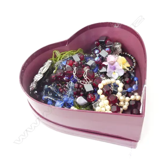 BOX ASST COSTUME JEWELLERY NECKLACES, BROOCHES INCL CROWN CHINA PORCELAIN FLOWER & STG SILVER BROOCH