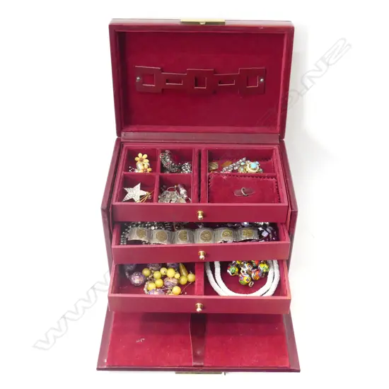 LG RED VINYL JEWELLERY BOX FULL OF COSTUME JEWELLERY INCL MEXICAN SILVER BRACELET ETC.