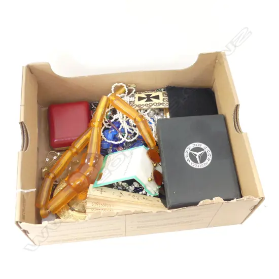 BOX ASST COSTUME JEWELLERY, COMPACTS, FAN, TRAVEL CLOCK ETC..