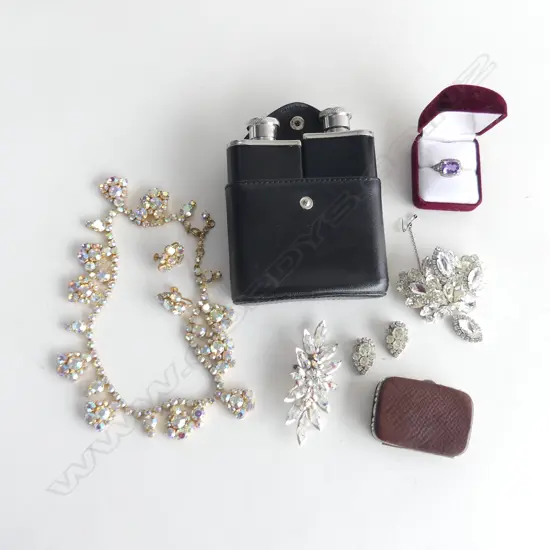 STG & PURPLE AMETHYST RING, DIAMANTE JEWELLERY, DOUBLE HIP FLASK, COIN PURSE