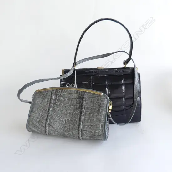 2 CROCODILE BAGS; GREY CLUTCH BAG WITH SHOULDER STRAP  & BLACK HAND BAG
