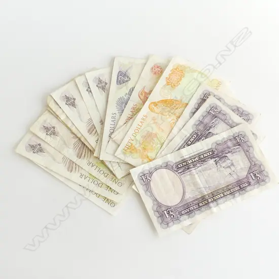 NZ BANK NOTES; 3x £1, 1x $50, 6x $5, 7x $2, 9x $1