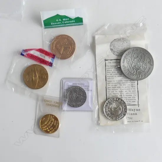 BAG 6 ASST COMMEMORATIVE COINS INCL US CONTINENTAL DOLLAR + MEDALLIONS 