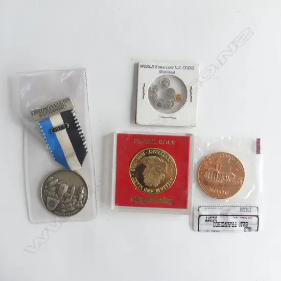 BAG COINS; SOLID BRONZE COMMEMORATIVE, REPLICAS WORLDS SMALLEST COINS, SAN FRAN MINT COIN + 1977 MEDAL ON RIBBON