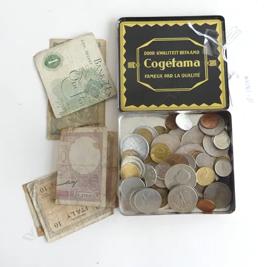 OLD TIN MIXED WORLD COINS & NOTES