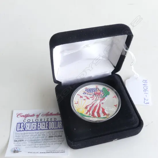 US COLOURISED SILVER EAGLE DOLLAR - IN CASE WITH CERT. OF AUTHENTICITY
