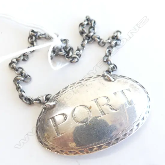 GEO. III SILVER 'PORT' DECANTER LABEL W BOTTLE NECK CHAIN