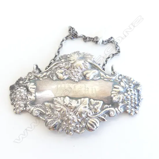 SILVER 'WHISKY' FANCY DECANTER LABEL w chain. Embossed grape branches hallmarked