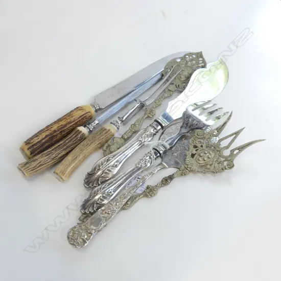 3 PCE STAG HORN CARVING SET + 5 EP SERVING UTENSILS