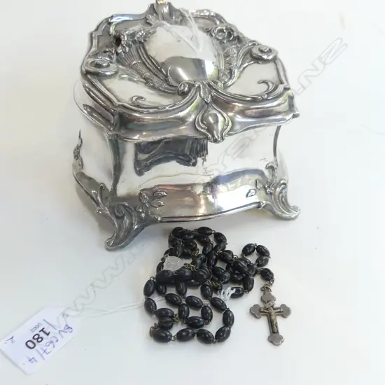 ANTIQUE SILVER PLATE JEWELLERY BOX + VINTAGE ROSARY BEADS 