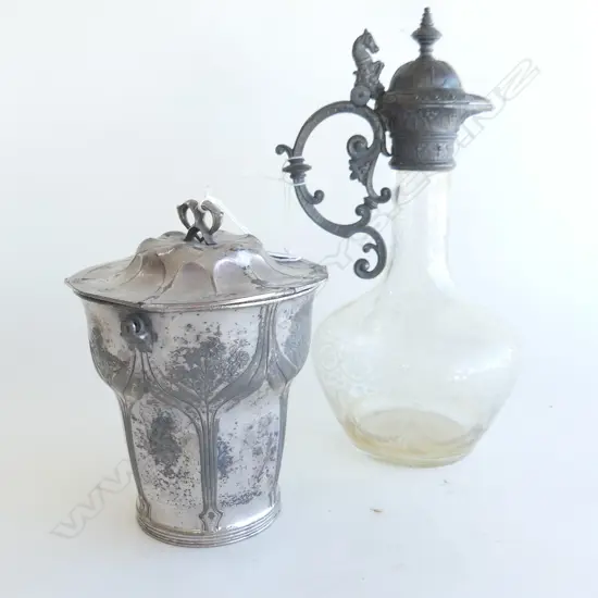 2 VICTORIAN ITEMS PEWTER MOUNTED CLARET JUG & LIDDED ORIVIT VESSEL, H.280mm