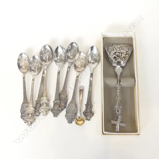 8 ASST SWEDISH ROLEX COFFEE SPOONS, 1 SM STG MUSTARD SPOON & BOXED DUTCH SILVER SUGAR SCOOP 