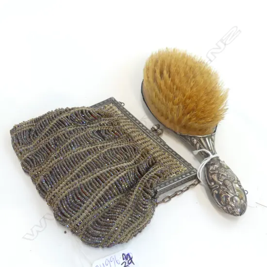 2 ITEMS BEADED VICTORIAN BAG AND STERLING SILVER HAIRBRUSH AF 