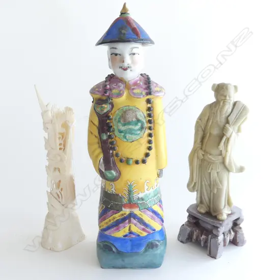 3 ORIENTAL PCS; POTTERY FIGURE (H295MM) BONE CARVED FIGURE (H195MM) + CARVED STONE FIGURE (H205MM)