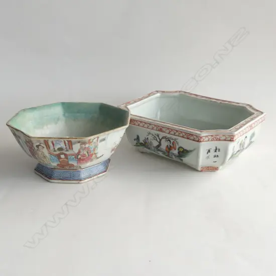 TWO PORCELIAN CHINESE BOWLS BOTH OCTAGONAL SHAPED WITH FIGURAL DECORATION