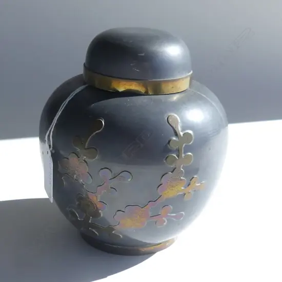 ORIENTAL PEWTER & BRASS GINGER JAR - DENT TO SIDE H. 160MM