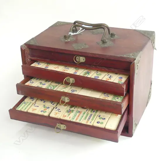 OLD WOODEN CASED MAH JONG SET 