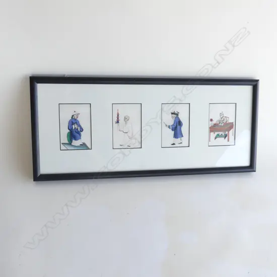 FRAMED WORK 4 CHINESE VIGNETTES OF FIGURES ON RICE PAPER
