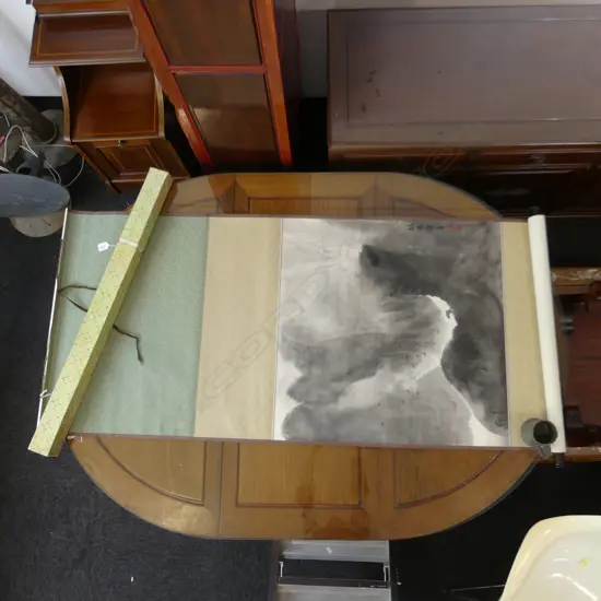 HAND PAINTED CHINESE SCROLL; BLACK LANDSCAPE 680x680mm (image size) + BOX