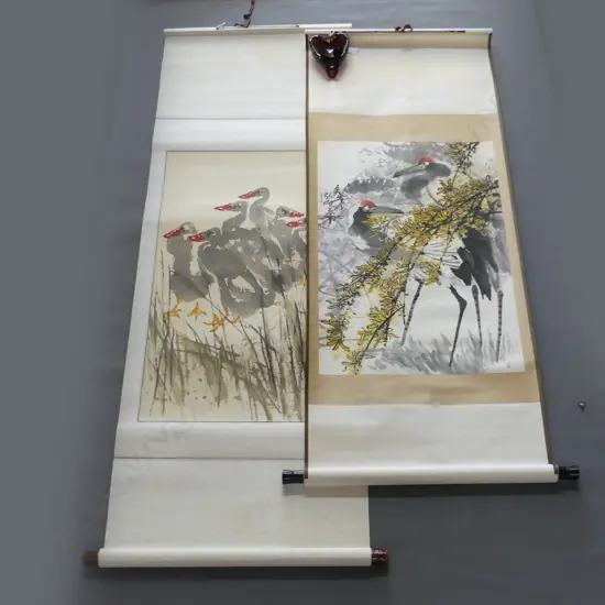 2 CHINESE SCROLLS; GROUP OF GEESE 750x450mm (image size) + 2 CRANES both boxed