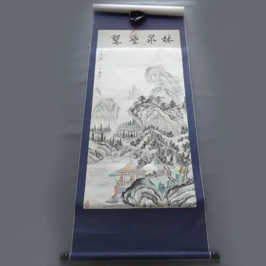 LGE HAND PAINTED CHINESE LANDSCAPE W/C SCROLL 1330x590mm (image size) + BOX 