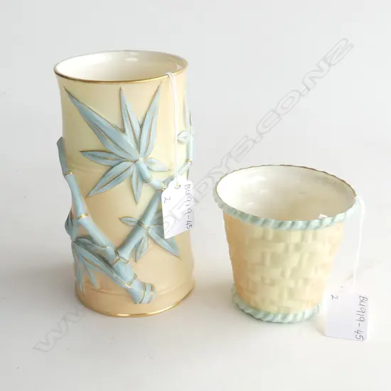 2 ROYAL WORCESTER BLUSH IVORY VASES; 1 AESTHETIC MOVEMENT CYLINDER BAMBOO VASE (H.150MM) & BASKET WEAVE (H.80MM)