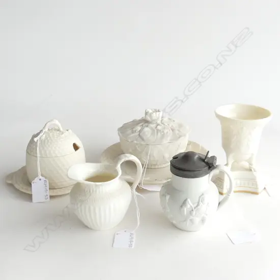 5 PCS PARIAN; BEEHIVE HONEY DISH & PLATE, 2 MILK JUGS, 1 WITH PEWTER LID, LIDDED CONTAINER & PLATE + FOOTED WHITE VASE