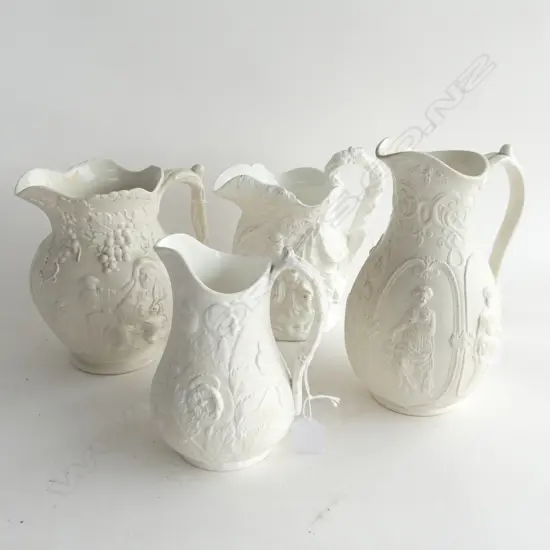 4 ASST WHITE PARIAN EMBOSSED JUGS, H. 220, 175, 180 & 170MM